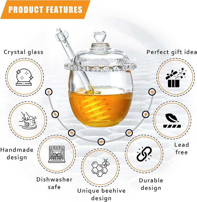 kanpura Honey Pot with Dipper and Lid, 6oz Mini Glass Honey Jar, Crystal Syrup Dispenser for Christmas Home Kitchen Decor