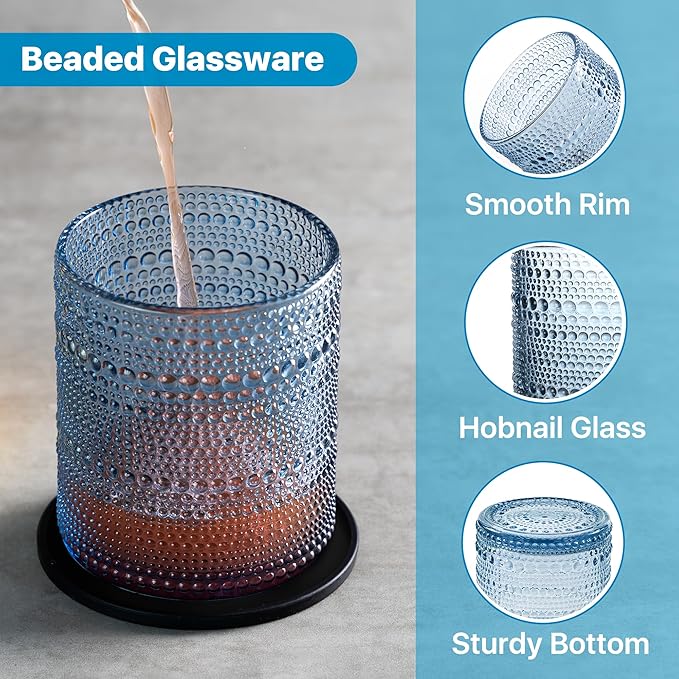 Hobnail Drinking Glasses Set of 12 Count, Vintage Glassware, Old Fashioned Glasses, 6 Highball Bubble Drinking Cups 14.5 oz, 6 Rocks Cups 10 oz with 6 Silicone Coasters, Blue
