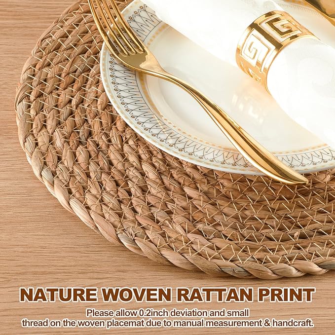 Round Woven Placemats 13.8 Inch Set of 10 - Boho Rattan Placemat Natural Water Hyacinth Placemats, Farmhouse Weave Place Mats, Rustic Braided Wicker Table Mats for Dining Table,Home,Wedding