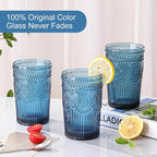 ZMOWIPDL Vintage Glassware Drinking Glasses Set of 6,13 oz Blue Textured Flower Design Glass Water Tumblers，Embossed Striped Drinkware for Water,Cocktails,Juice,Iced Coffee