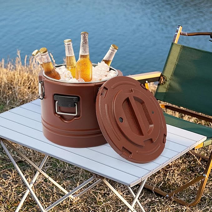 Eapmic 31.7Qt Insulated Food Container, Stainless Steel Container, 30L Commercial Soup Carrier 6 Hours Heat Preservation for Hot and Cold Food Storage Restaurant Canteen Home Lunch Use (Brown, 30L)