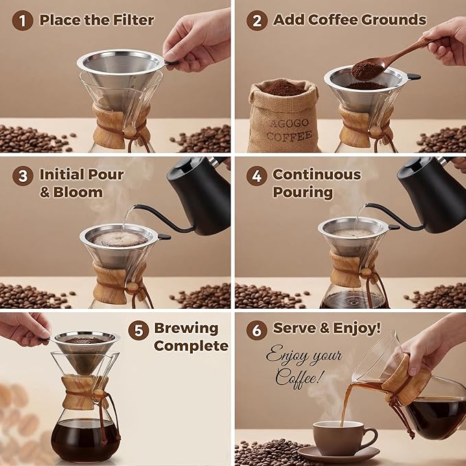 AGOGO Pour Over Coffee Maker Glass - Barista Kit with 304 Stainless Filter for Home, Office, Camping, Cafes - Easy Clean Coffee Dripper Set (Soft Towel&Brush) (20oz Slim Shape w/SS Filter)