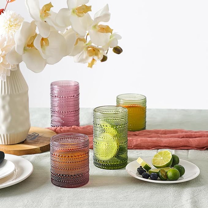 Moretoes Hobnail Drinking Glasses, 12 Piece Colorful Water Glass Cups, Mixed Vintage Glassware Set, 6pcs 12oz Highballs and 6pcs 10oz old Fashioned Glasses, Great for Cocktail, Whisky