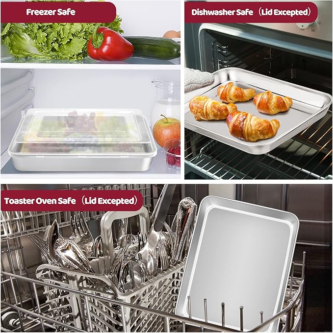 TeamFar Toaster Oven Pans, 10.5’’ x 8’’ Stainless Steel Small Bakeware with Rack & Lid for Baking Cooling Storing, Non-Toxic & Heavy Duty, Deep & Visible Lid, Dishwasher Safe-4 PCS