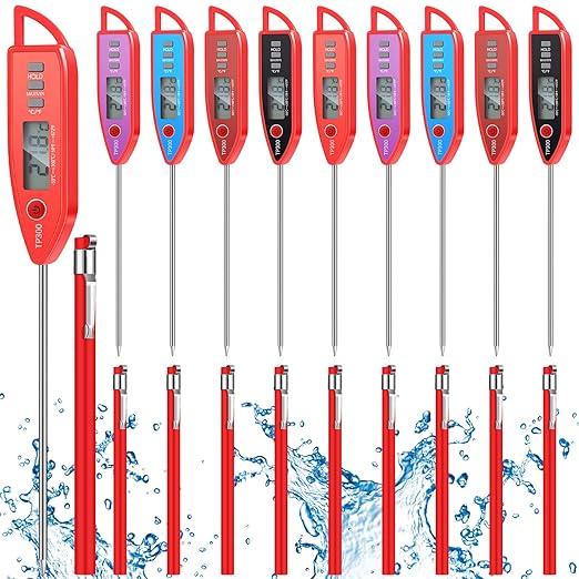 Copkim 10 Set Waterproof Food Thermometer for Water, Liquid, Candle and Cooking Digital Meat Thermometer with Long Probe Instant Read for Kitchen BBQ Grill Candy (Red)