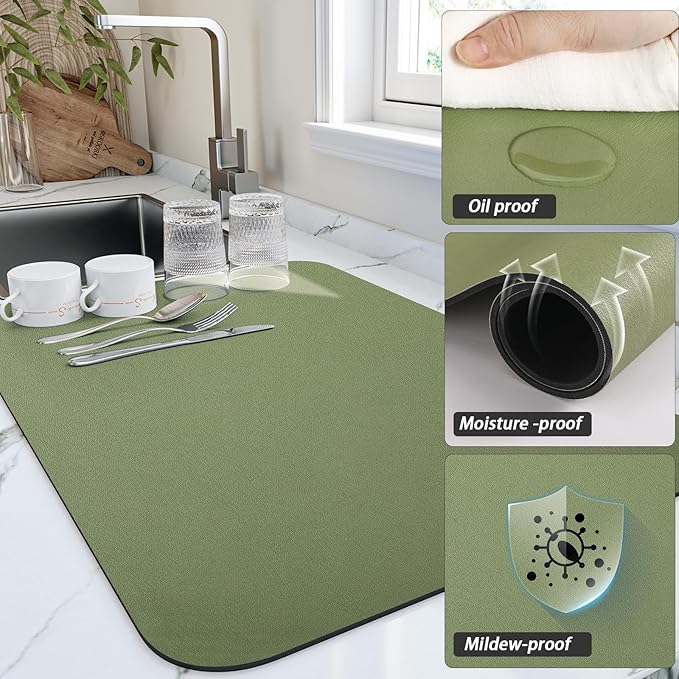 HotLive Dish Drying Mat for Kitchen Counter, Heat Resistant Drainer Mats with Non-slip Rubber Backed, Hide Stain Kitchen Super Absorbent Draining Mat, Easy to Clean Dish Rack Pad, Green 16"x20"