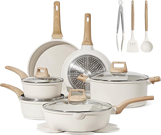 CAROTE 16 Piece Pots and Pans Set Nonstick, White Granite Cookware Sets Induction Cookware, Non Stick Cooking Set w/Frying Pans & Saucepans (PFOS, PFOA Free)