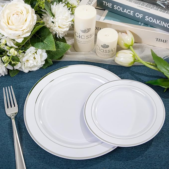 NOCCUR 200PCS Silver Plastic Plates Disposable for 100 Guests - Include 100 Dinner / 100 Dessert Plates Heavy Duty - Ideal for Party/Wedding/Christmas