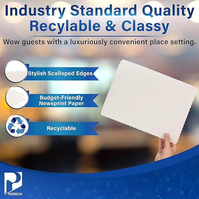 Paterson Paper 80607121009149 White Paper Placemats Disposable - 10" x 14" - Bulk 1000 Count - Scalloped Newsprint, Coloring Placemats for Kids