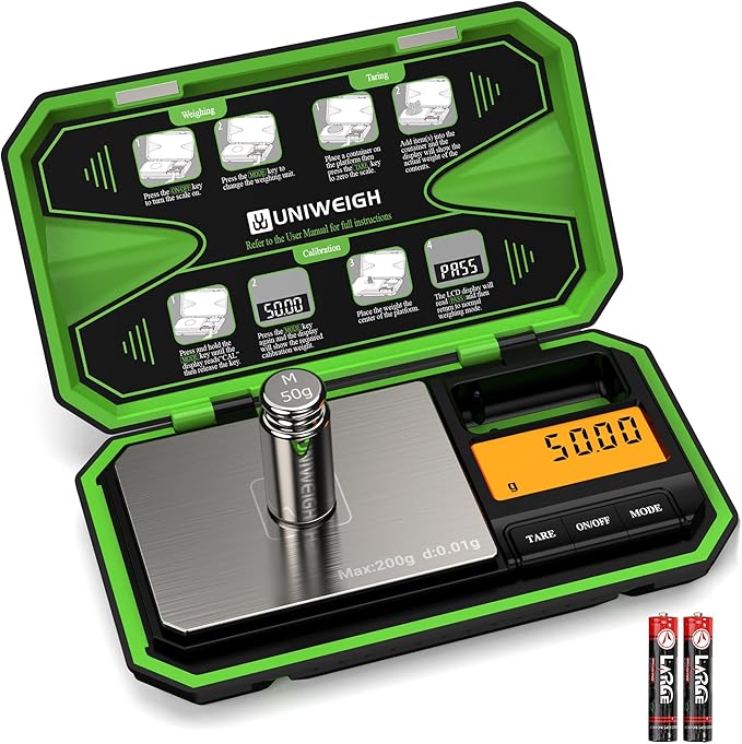 UNIWEIGH Digital Pocket Scale 200g/0.01g, Digital Scale Grams, Jewelry Scale,Coins Scale with 50g Cal Weights for Powder,Small Items,Tea,Jewelry,Coins (Battery Included)-Fluorescent Green