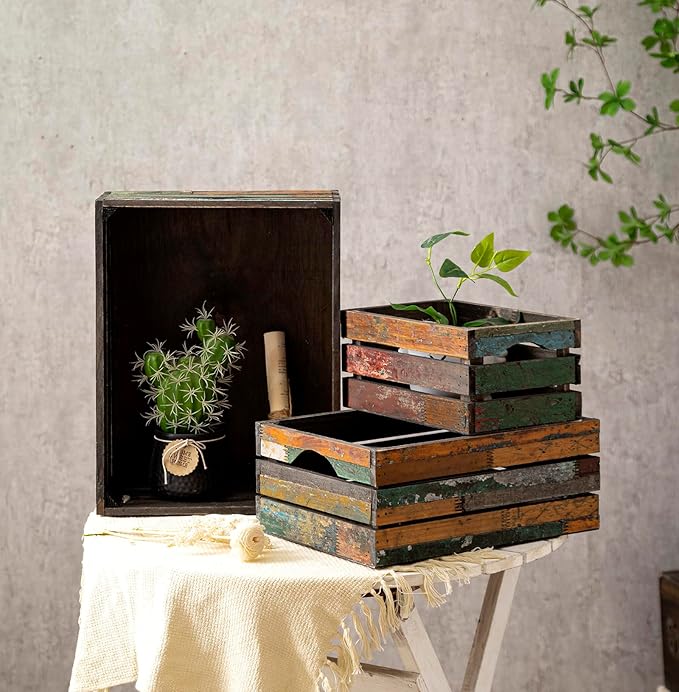 TIMRIS Set of 3 Rustic Distressed Wood Nesting Crates, Farmhouse Decorative Wooden Storage Boxes, Large Vintage Reclaimed Wood Baskets for Display (Random)