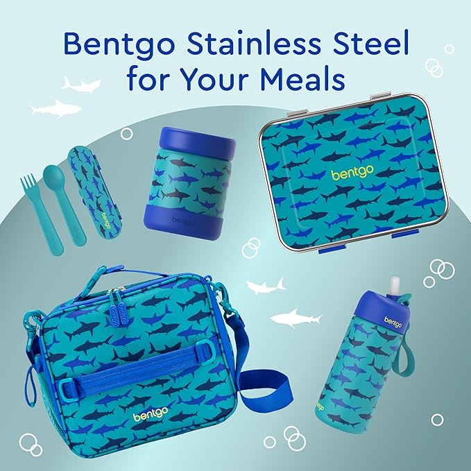 Bentgo Kids Stainless Steel Food Jar - 11oz Leak-Proof Double Insulated Hot or Cold Food Container with Removable Silicone Bumper, Dishwasher Safe, Easy Open Lid, Ages 3+ (Shark)