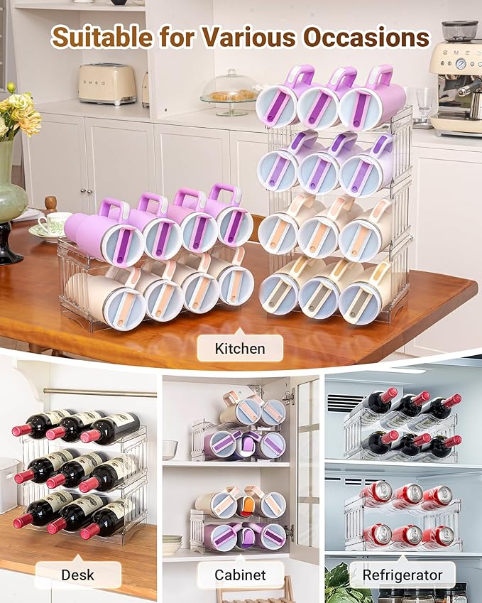 Water Bottle Organizer for Stanley Cup Accessories, Cabinet Organizers and Storage for Meoky 40 oz Tumbler with Handle, Fridge Tumbler Organizer Kitchen Gadgets Gifts, 2Pack Large-6-bottle