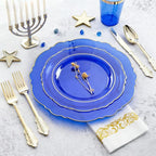 KIRE 210Pcs Blue Plastic Plates with Gold Rim& Disposable Plastic Silverware &Blue Cups&Hand Napkin- Baroque Clear Dinnerware for Hanukkah/Parties/Wedding