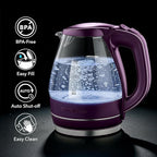 OVENTE Electric Kettle, 1.5L Borosilicate Glass Countertop Water Heater and Boiler for Coffee or Tea, BPA-Free, Auto Shut-Off, Boil-Dry Protection, Removable and Washable Spout Filter, Purple KG83P