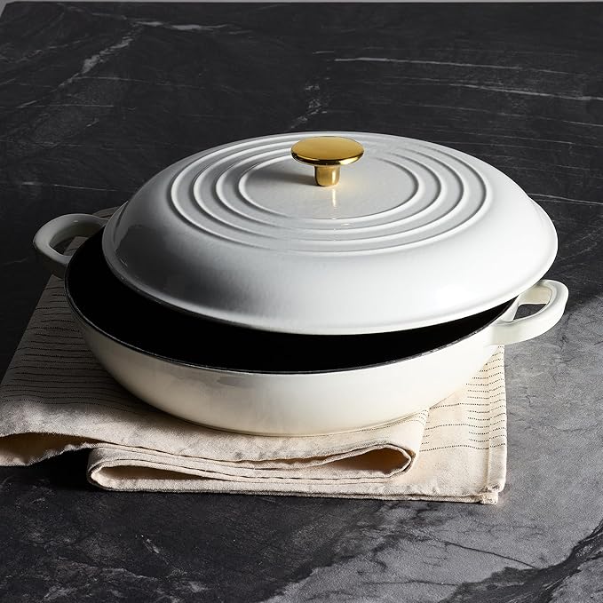 CAROTE 3.4QT Enameled Cast Iron Braiser Pan, Shallow Dutch Oven Casserole Skillets, Non-Toxic Cast Iron Pot with Lid for Grilling, Searing, Baking, Dual Handles, All Stovetop Compatible, White