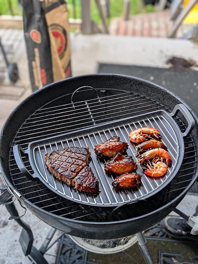 SafBbcue Cast Iron Half Moon Griddle Pan for Weber 22" Kettle Charcoal Grill Parts, Half Moon Cooking Grate for Slow n Sear, VEVOR, Kamado, Big Green Egg 22" Charcoal Kettle Grill Accessories