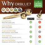 Orblue Premium Coffee Scoop Set - 1 Tbsp (15ml) & 2 Tbsp (30ml) Measuring Tablespoon - Stainless Steel Coffee Measuring Spoon and Scooper with Long Handles - Pack of 2 - Gold