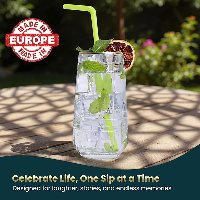 Gold Rim Drinking Glasses | Set of 6 | Handmade Crystal Cut Tall Highball Glass Cups, Glassware for Cocktail, Long Drink, Water, Juice, Ice Tea, Mojito, 16 oz