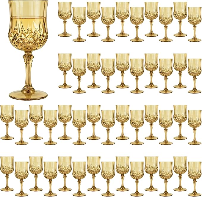Plastic Wine Glasses, Plastic Goblets Vintage Style Cordial Unbreakable Drinking Glasses, Reusable Drinkware for Wedding Reception, Grand Event Party Supplies (48, Gold)