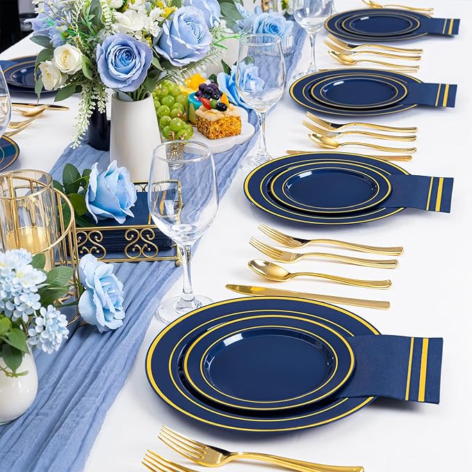 NOCCUR 200PCS Navy Blue Plastic Plates for 100 Guests - Include 100PCS 10" Dinner/ 100PCS 7" Dessert Disposable Plates Heavy Duty - Ideal for Party/Christmas/Hanukkah