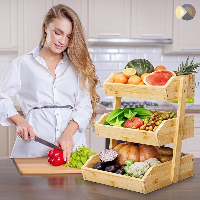 Bamboo 3 Tier Fruit Basket For Counter, Large Capacity Fruit Storage Countertop, Fruit Holder, Wooden Pantry Organizers and Storage, Kitchen Countertop Organizer With Two Banana Hangers (Bamboo)