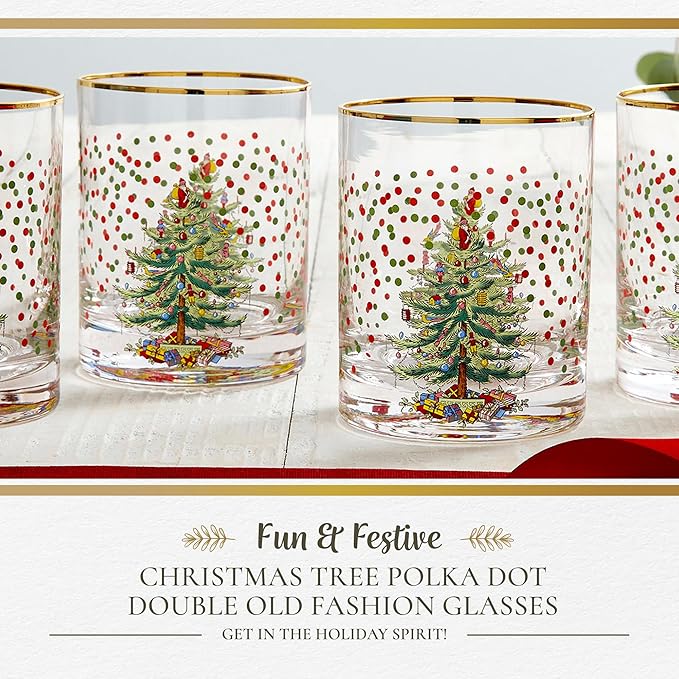Spode Christmas Tree 14 Fl. Oz. Double Old Fashion Glass (Set of 4), Polka Dot - Whiskey & Bourbon Glasses for Festive Entertaining, Old-Fashioned & Rocks Glasses for Holiday Drinks