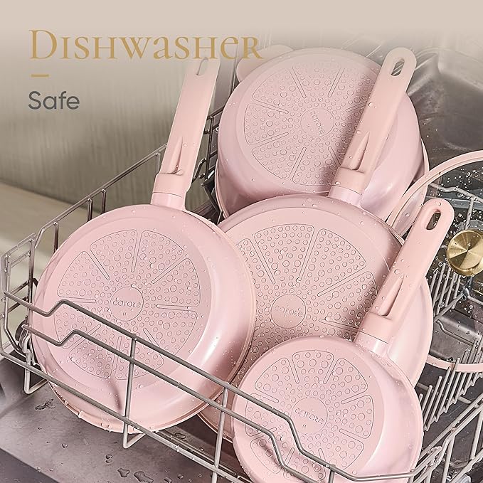 CAROTE Ceramic Cookware Set Nonstick, 14pcs Pots and Pans Set Nonstick, Non-Toxic & PFAS-Free, Dishwasher, RV/Camping Cookware Set, Cooking Pots with Lids, Pink Blush