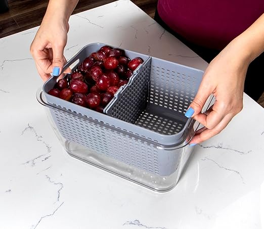 Kitchen Spaces Colander Bin, Produce Saver, Fridge Organizer With Lid, Wash, Strain and Store, Great for Refrigerator, Freezer and Pantry, Large, Gray