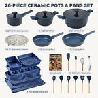 HONGBAKE Pots and Pans Set Nonstick, 26 Pcs All-in-One Kitchen Starter Set with Cookware, Bakeware & Silicone Utensils, Non Toxic Ceramic Coating, Induction & Oven Safe, PFOA PFOS Free, Blue