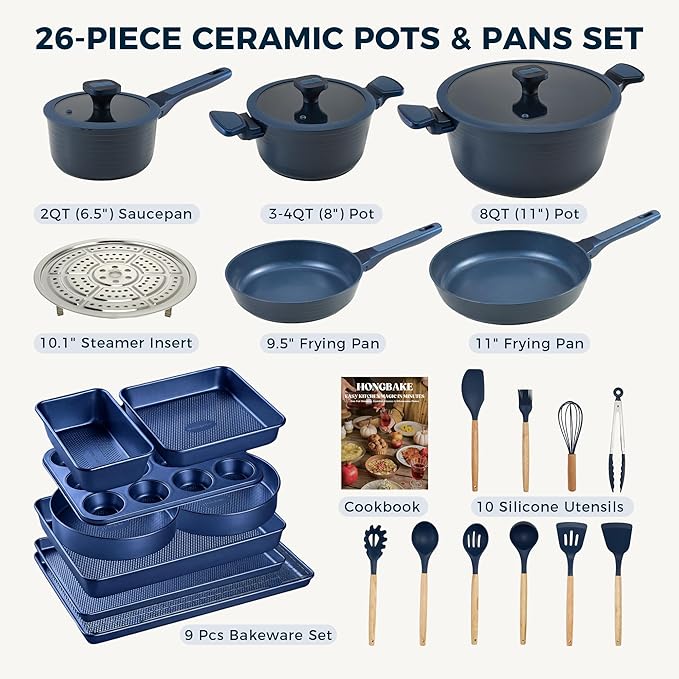 HONGBAKE Pots and Pans Set Nonstick, 26 Pcs All-in-One Kitchen Starter Set with Cookware, Bakeware & Silicone Utensils, Non Toxic Ceramic Coating, Induction & Oven Safe, PFOA PFOS Free, Blue