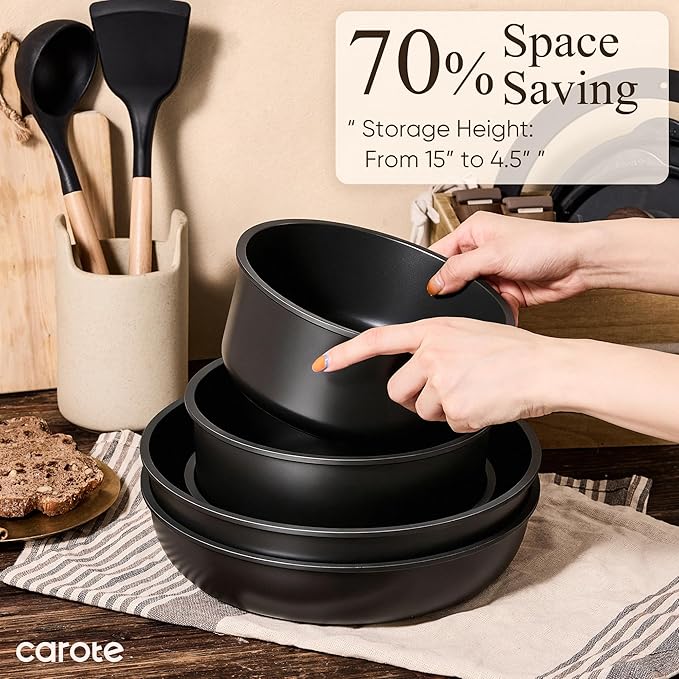 CAROTE 19pcs Pots and Pans Non Stick, Cookware Sets Detachable Handle, Induction Kitchen Pots and Pans,NonStick Cooking Set, Oven/Dishwasher/Fridge Safe, Space Saving