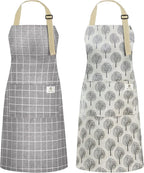 NLUS 2 Pack Waterproof Cooking Aprons, Adjustable Bib Soft Chef Apron with 2 Pockets for Men Women (Gray Stripe/Gray Trees)