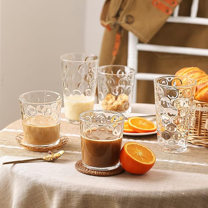 Moretoes Circle Drinking Glasses Set of 12, Mixed Glassware Set, Clear Water Glass Cups,16 Oz Highball Tumblers &12 Oz Rock Whiskey for Cocktail, Whisky and Other Beverages