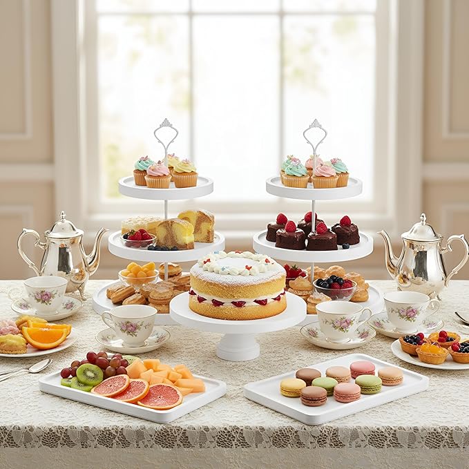 7 Pcs Wood Dessert Table Display Set Wooden 3 Tie Cupcake Stands Rustic Round Cake Stand Wood Dessert Serving Trays for Party Baby Shower Wedding Birthday (White)