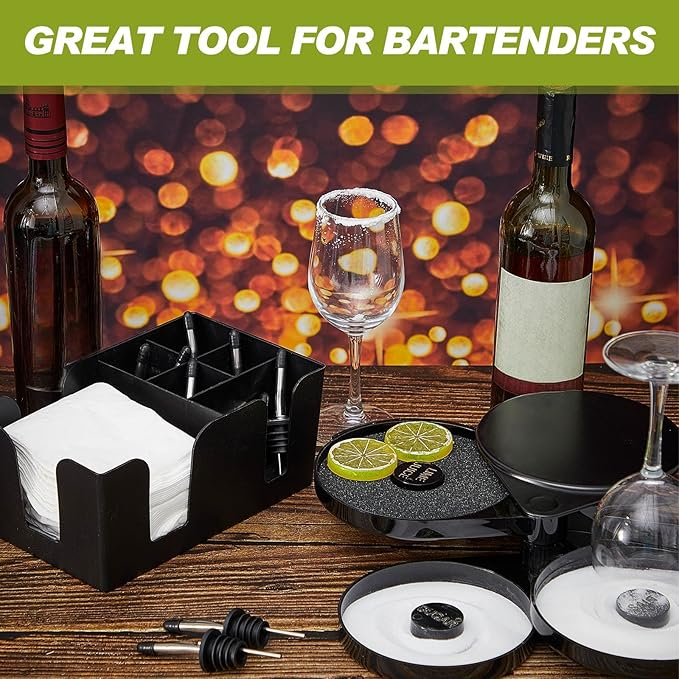 Mifoci 3 Tier Bar Glass Rimmer Bartender Tool Salt Rimmer for Cocktails Margarita 12 Pcs Stainless Steel Classic Bottle Pourers and Bar Caddy Set with 6 Compartments for Bartender Accessories Party