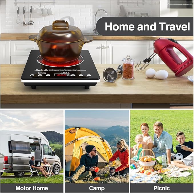 Electric Cooktop Single Burner Portable Stove 1800W 110v -120v Countertop Hot Plates Electric Plug in, Touch Control, Child Lock, 9 Power Levels Low Noise, 4 Hour-Timer Infrared Cooktop