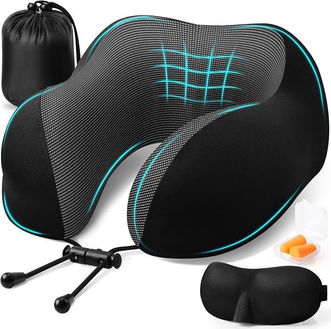 ExploreBliss Travel Pillow, Travel Pillows for Sleeping Airplane, Neck Pillow Airplane, Memory Foam Neck Pillow Set with Eye Mask, Earplugs and Storage Bag -Black
