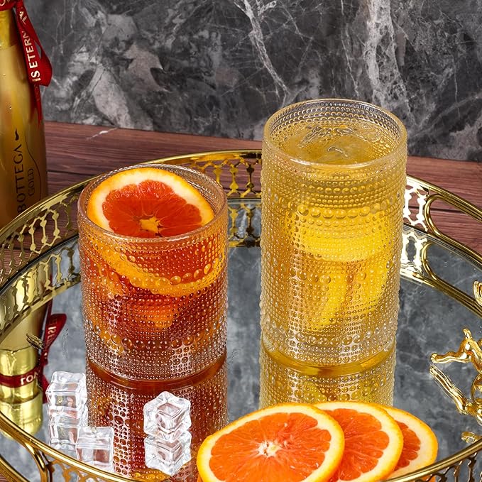 Moretoes 8 Pack Hobnail Drinking Glasses Set, 12 Oz Highball Glasses & 10 Oz Cocktail Glasses, Clear Embossed Water Glass Cups Kitchen Bar Tumbler Glassware Set for Whiskey, Beer, Juice, Milk
