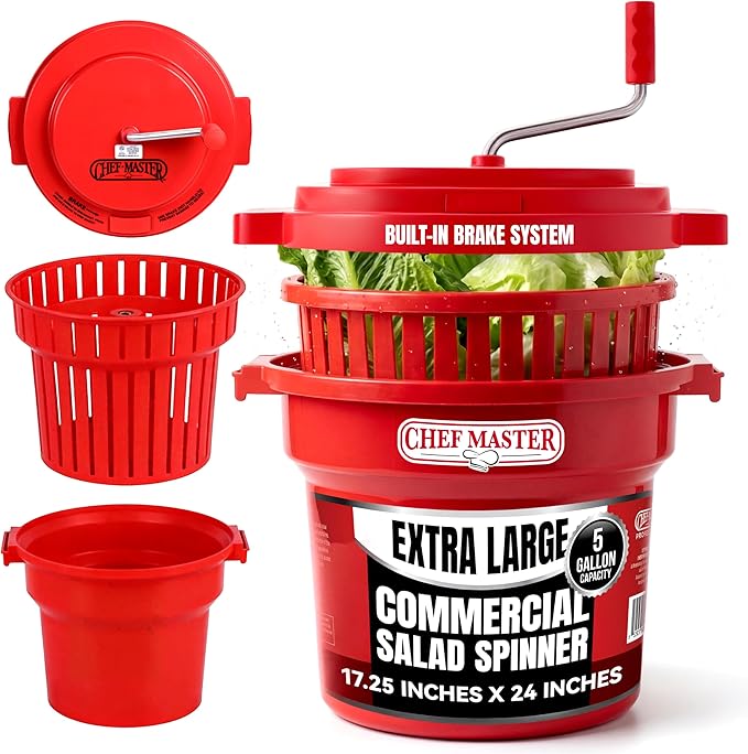 5 Gallon Chef Master Salad Spinner Dryer – Large Capacity, Economy Lettuce Spinner and Fruit Washer Bowl with Strainer - Sealed Gearbox - Fits 5-6 Heads of Lettuce - Durable Spinner Mechanism - 90008