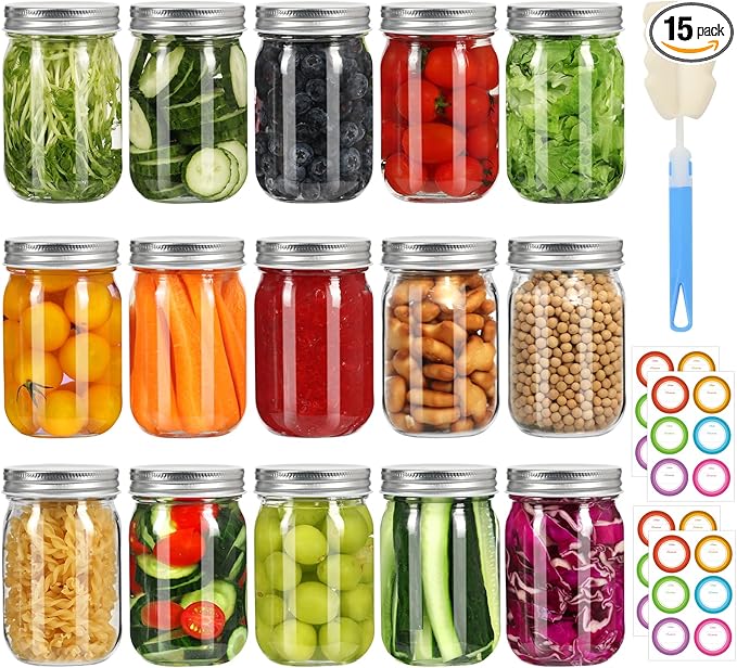 Glass Mason Jars with Silver Lids 16 oz - 15 Pack Regular Mouth Canning Jars for Food Storage, Meal Prep, Overnight Oats, DIY Crafts - Includes 24 Stickers & Brush