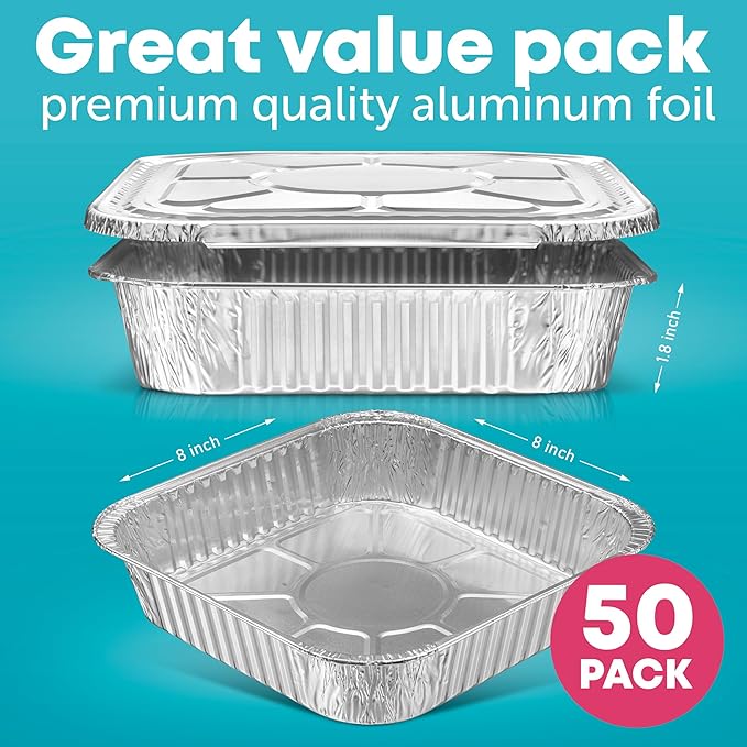 8x8 Disposable Aluminum Pans With Lids - 50 Pack Foil Pans For Cooking, Baking Cakes, Roasting & Homemade Breads - Disposable Food Containers With Foil Lids