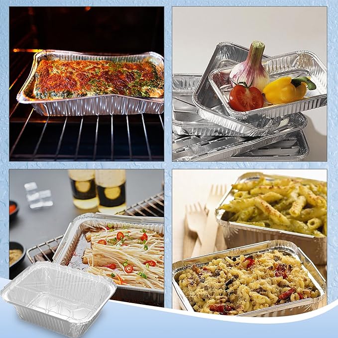 iHomeSet 50 Pack 2 lb Rectangular Disposable Aluminum Foil Pan 32 oz Take Out Food Containers with Clear Plastic Dome Lids, for Catering, Baking, Roasting Food