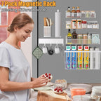 Magnetic Spice Rack for Refrigerator, 7 Pack 100% Metal Strong Magnet Shelf, Spice Organizer W/ Paper Towel Holder, Hook Rack, Utensil Caddy & Cutting Board Holder, Home Kitchen Organization (White)