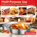 GRILL BUMP Roasting Pan, 21x13x11 Inch, Silver, Rectangular, Stainless Steel, 25LB Capacity, Turkey & Chicken Roaster with Rack and Lid