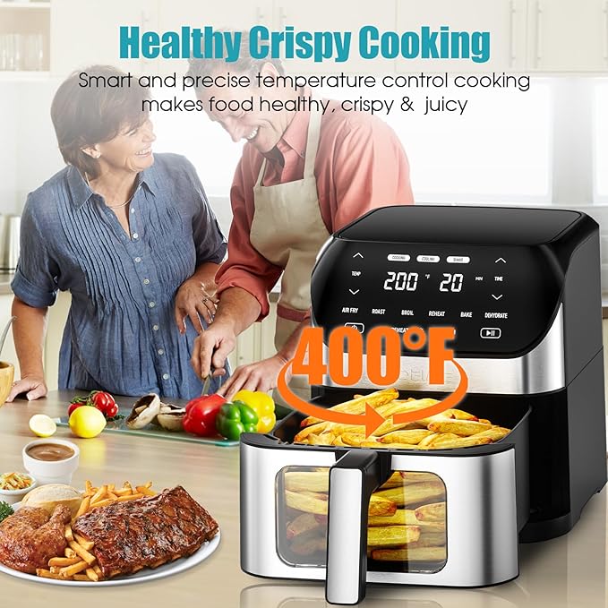 Air Fryer 6.2 QT Large Capacity Oilless Hot Air Fryers Oven 1500W Healthy Cooker with 10 Presets, Digital LCD Touch Screen, Visual Cooking Window, Non-Stick Basket, Included Recipe (Silver-L)