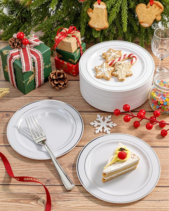bUCLA 200PCS Silver Plastic Plates - 6.25inch White with Silver Trim Disposable Salad/Dessert/Appetizer/Small Cake Plates - Ideal for Wedding & Party
