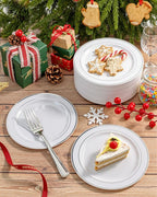 bUCLA 200PCS Silver Plastic Plates - 6.25inch White with Silver Trim Disposable Salad/Dessert/Appetizer/Small Cake Plates - Ideal for Wedding & Party