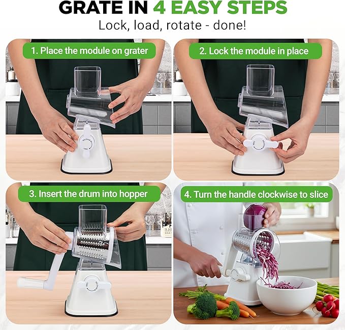 NutriChef 3 in 1 Cheese Grater & Shredder | Strong Suction Base, Rotary Handle with Safety Lock | Includes Hand Crank & 3 Drum Blades for 3 Textures, Fine, Medium & Strips | White
