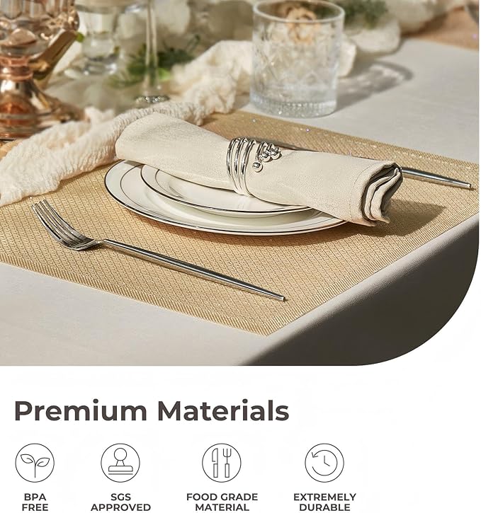 Leetaltree Luxury Gold Sequin Placemats Set of 4 - Waterproof Washable for Wedding, Anniversary, Daily Use - Sparkling Table Decor -Hand-Cut